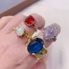 Anillo de Gema de Diamante Transfronterizo Europeo y Americano Chapado en Oro Real Estilo Palacio Retro Anillo de Aleación con Pedrería Pulsera de Diamante Completo de Gama Alta