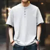 Camisa Polo Retro Americana com Gola Henry Masculina Camiseta de Manga Curta Outono Marca Tendência Solta Tamanho Grande Camiseta Cinza