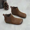 Botines Chelsea Vintage Hechos a Mano de Cuero Genuino para Mujer, 26 Otoño/Invierno Nuevos de Punta Cuadrada Planos sin Cordones Versátiles Casuales de Piel de Vaca Suave