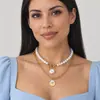 Novo Estilo Coreano Moda Elegante Asas de Anjo Pérola Camada Dupla Colar Hip Hop Doce Cool Redondo Marca Corrente da Clavícula