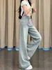 Jeans de Pierna Ancha Estilo Perezoso Azul Claro Americano para Mujer Otoño Lavados Sueltos Adelgazantes de Cintura Alta Rectos de Largo Hasta el Suelo