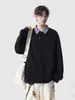 Sudadera de estilo americano con cuello polo de cuadros negros sin capucha para hombre y mujer, diseño de primavera y otoño, estilo universitario, camiseta de manga larga de dos piezas falsas