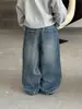 Coleção outono 2026 para meninos WO: calça jeans patchwork, lavagem desgastada, perna larga, cós elástico, calça jeans longa