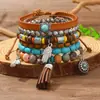 Pulsera para Hombre Temu Transfronteriza Nuevo Producto Estilo Bohemio Cordón Elástico con Cuentas de Madera Turquesa y Accesorios de Aleación