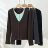 Cardigã de tricô torcido transfronteiriço estilo vintage chique, duas peças falsas emendadas, estilo feminino básico e elegante para primavera e outono, com um toque casual e estiloso