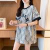 Camiseta de Encaje Pesado Bordado con Empalme para Mujer Top Moda Coreana Nuevo Ins Letras Contrastantes Holgada Talla Grande Manga Corta