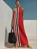 Vestido sin mangas de bloques de color con rayas verticales para mujer, estilo europeo y americano, cuello alto, corte recto holgado, con bolsillos, vestido largo tipo tank para vacaciones