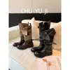 Primeiro Encontro Temporada Cor Britânica Bloco de Cores Fivela Botas de Equitação de Cano Alto Femininas Salto Grosso Bico Redondo Duas Vias Botas Longas de Motocicleta
