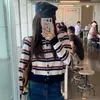Cardigan Tricotado de Lã com Listras Coloridas e Bordado de Cachorro Design Coreano Elegante Versátil Jaqueta Top Roupa Feminina