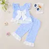 Conjunto Infantil Xadrez Rosa e Branco Laço Top com Mangas Bufantes Calça Flare com Renda Doce Conjunto de Duas Peças para Bebês