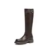 Botas de caballero estilo británico de suela gruesa con punta redonda, tacón grueso de 5.5 cm, hebilla cuadrada metálica lateral, botas largas texturizadas para mujer