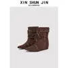 Versión de Piel de Vaca~Botas Vaqueras Western Retro para Mujer con Tacón Oculto, Fruncidas, Apiladas, Botas de Caballero Versátiles, Botas Largas con Cordones