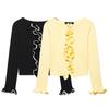 Cardigan Tricotado de Manga Comprida Preto Contrastante com Costura de Renda Estilo Ins Primavera 2025 Top Curto Slim Feminino