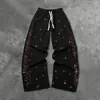 Pantalones Anchos de Pierna Ancha con Cordón Elástico en la Cintura, Deshilachados, Estilo Callejero Americano de Moda Transfronterizo, Patrón de Estrella con Pedrería y Rosa, Unisex, Negro