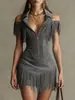 2026 Nuevo Vestido Transfronterizo Y2K Retro Americano de Gamuza con Borlas Hombros Descubiertos Estilo Occidental Vestido Corto Ceñido a la Cintura para Chica Popular