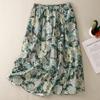 Falda Midi Floral Verde Fresca y Sencilla Pintura al Óleo para Mujer 2025 Verano Nueva Falda Juvenil de Cintura Alta Corte A