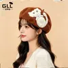 Boina de lana con parche de gato, en stock desde la fábrica, suave y linda, gorro de artista femenino, dulce boina de otoño e invierno al por mayor