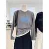Camiseta de Manga Larga de Algodón Puro con Hombros Rectos para Mujer, Acanalada, Moderna, Casual, Versátil, Camisa Base Azul Marino para Primavera y Otoño