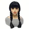Série de TV Americana Wandinha Addams Cosplay Cabelo Sintético de Baixa Temperatura com Franja, Tranças Duplas Pretas, Touca de Anime Fashion