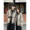Chaqueta de alta gama de alta costura americana con patrón gris oscuro tie-dye, hombros caídos, tacto de alta calidad, ropa de trabajo, primavera, solapa, chaqueta de cuero, prenda de abrigo, hombre