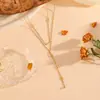 Colar Feminino de Aço Inoxidável Transfronteiriço com Pingente de Flor de Trevo de Quatro Folhas e Nariz de Porco, Dupla Camada, Franja, Versátil, Nicho, Luxo Leve, Simples