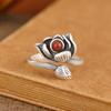 Anillo de Plata S990 con Forma de Ciervo, Plata para el Pie, Jaspe Hetian Rojo Sur, Anillo Redondo Mate de Loto Viejo, Anillo Creativo Artístico de Cuentas Redondas
