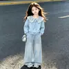 Conjunto de Dos Piezas para Niñas 2026 Moda Dulce Dopamina Camisa con Solapa de Muñeca con Lazo y Jeans, Nuevo para Primavera y Otoño