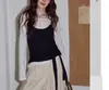 Suéter de malha preto e branco com design estilo coreano Chaochao para mulheres, primavera e outono 2026, casual, elegante, modelagem justa, manga longa, top básico