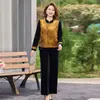 Chaqueta Chaleco Estampada Estilo Chino Nuevo Otoño Mamá de Mediana Edad Ropa para Mujeres de Mediana Edad y Mayores Ropa de Otoño e Invierno Traje de Tres Piezas de Terciopelo Dorado