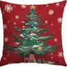 Funda de almohada navideña de lino sin relleno, fondo rojo con muñeco de nieve y árbol de Navidad, funda de cojín para decoración de ambiente festivo
