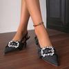 Zapatos de Dama Elegante Hebilla de Cinturón de Pedrería Punta Afilada Sandalias de Mezclilla Talla Grande Huecos Tacones Altos de Dama