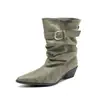 BotasChelsea de Salto Bloco Bico Fino para Mulheres 2026 Novo Verão Versátil Fivela de Cinto Botas de Cavaleiro Plissadas Vintage