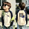 Camiseta Térmica de Forro Polar para Niños Otoño Invierno Niños Elegante Dibujos Animados Cuello Redondo Cálida Manga Larga para Niños Medianos y Mayores Mangas Raglán