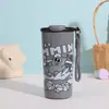 Caneca de Café Colorida de Desenho Animado Fofa, Copo Térmico de Aço Inoxidável Bonito para Casa e Escritório, Copo Portátil com Canudo da Moda