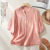 Camisa artística de gaze dupla, estilo novo verão 2026, para mães, cardigã, manga curta, modelagem solta, blusa de manga média, estilo chinês, para mulheres baixinhas