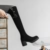 Botas de camurça acima do joelho de inverno dobráveis de pele de cordeiro botas de neve femininas de salto alto grosso forradas com fleece elásticas finas acima do joelho