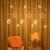 Cadena de luces de cortina de estrella de cinco puntas, luz de cortina de estrella y luna, decoración de habitación de Navidad, luces de colores de copo de nieve, luces intermitentes para ambiente de camping al aire libre