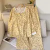 Novos Pijamas de Algodão Nuvem Estilo Primavera e Outono com Bojos para Mulheres, Cardigan de Manga Longa com Babados, Roupa de Casa, Pode Ser Usado Fora como um Conjunto