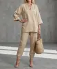 2026 Moda Transfronteriza Europea y Americana Primavera/Verano Conjunto de Top Casual con Cuello en V y Manga Tres Cuartos para Mujer y Pantalones Jogger de Corte Holgado