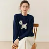 Nuevo Suéter de Cachemira Pura para Mujer Otoño e Invierno, Grueso Cuello Redondo Ajuste Holgado, Bordado con un Pequeño Diseño de Perro, Capa Base de Punto Cálido