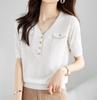 Camiseta feminina de manga curta estilo Chanel em seda gelada, suéter fino Tencel de verão, camiseta preta com decote em V e blusa de seda amora