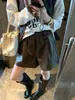 Moqi Otoño Nuevo Retro Americano Piel Sintética Cintura Elástica Holgado Pierna Ancha Adelgazantes Pantalones Cortos de Cuero MQ1798