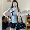 8529 # Camiseta de manga corta de verano nueva de estilo dulce con estampado de lunares, retazos de lazo para mujer con almohadilla para el pecho fija