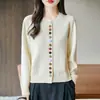 Estilo Novo Primavera 2026 Transfronteiriço Algodão Puro Gola Redonda Tricô Estilo Coreano Cardigã Manga Longa Feminino Cor Sólida Botão Solto Top