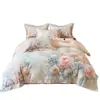 Juego de cuatro piezas de algodón 100% de fibra larga, grosor aumentado, cepillado, con estampado floral grande, de alta gama, que incluye funda de edredón, sábana bajera y ropa de cama