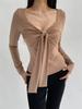 Camiseta Negra con Cordones y Lazo de Manga Larga para Mujer en Otoño Estilo Pura Pasión Ajustada Camiseta Básica con Cuello Cuadrado Delgado