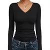 Aliexpress Mais Vendida Transfronteiriça Gola V Fina Camiseta Shein, Manga Longa Slim Fit Feminina Cor Sólida Casual Camiseta Básica Top
