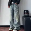 Jeans retro americanos con efecto ondulado de agua, desgastados, de pierna curva, unisex, modernos, de corte holgado, adelgazantes, a la moda, de pierna ancha, pantalones de largo hasta el suelo