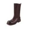 Botas de chaminé em couro de flor integral lavável, coleção outono/inverno 2026, salto médio grosso, bico redondo, couro genuíno, botas de cano médio para mulheres
