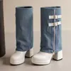 Pantalones de Moda de Comercio Exterior Gruesos Talla Grande Botas de Moda Manga Larga Botas Vaqueras Nuevas Botas de Tacón Alto Botas Mesa de Agua 2024 Azul
